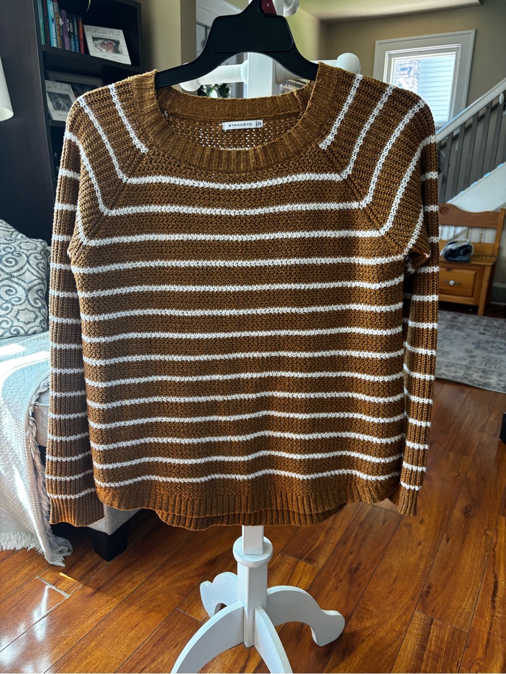 Striped Crewneck Sweater in Brown and White Casual Women's Knit Staccato Medium